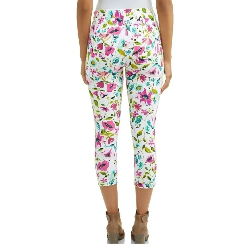 Time and Tru Jegging Capri Women's White Floral Small 4-6 - Picture 2 of 8